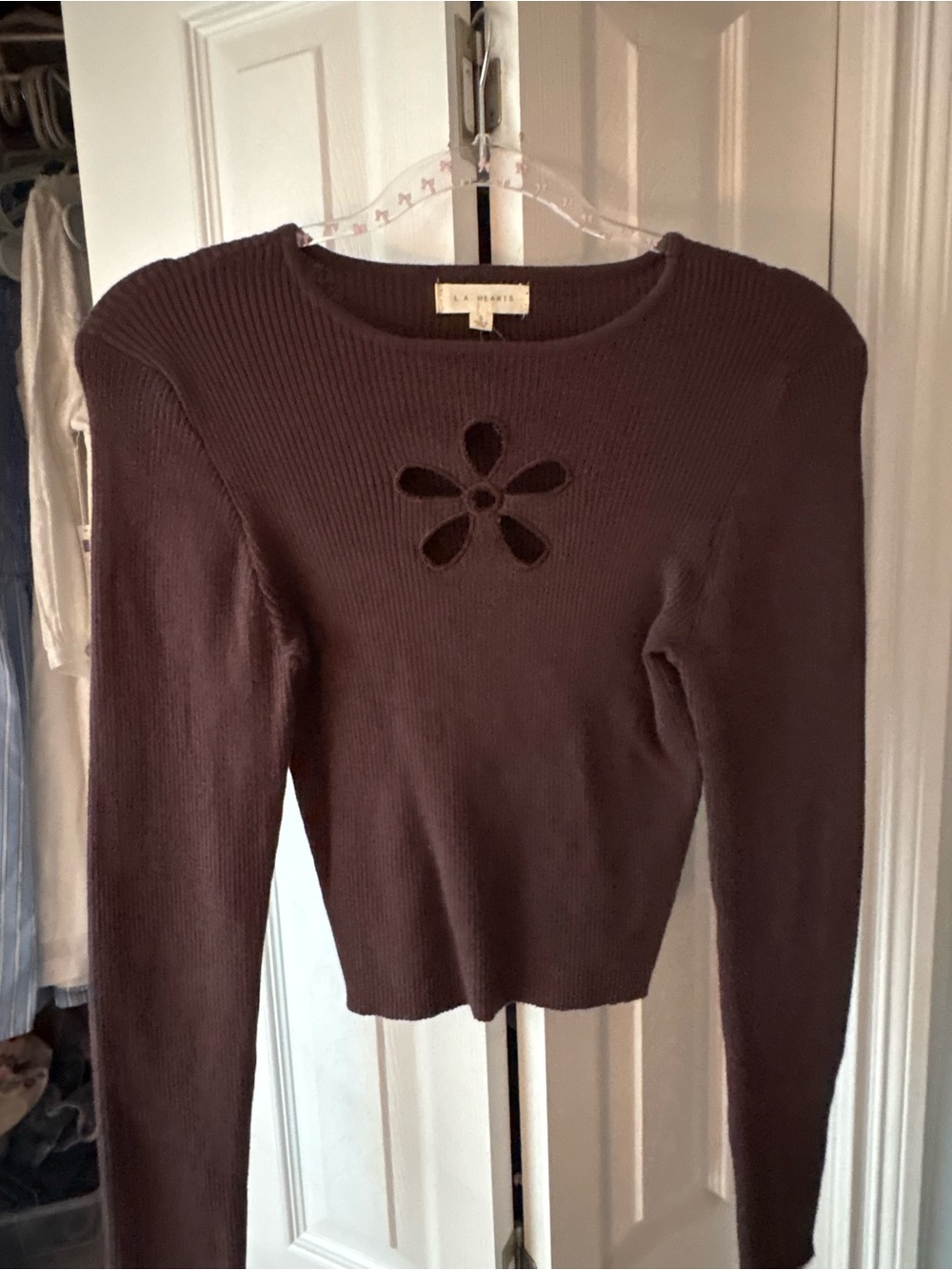 La Hearts Chocolate Brown Floral Cutout Ribbed Crew Sweater